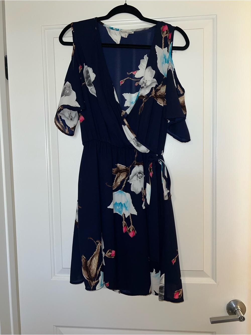 Charlotte Russe Navy Floral Cold-Shoulder Wrap Mini Dress